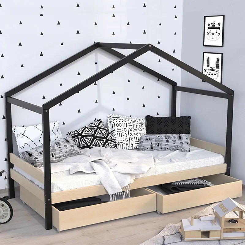 Lit cabane Étoile + Sommier Noir/Naturel - 90x190cm-0