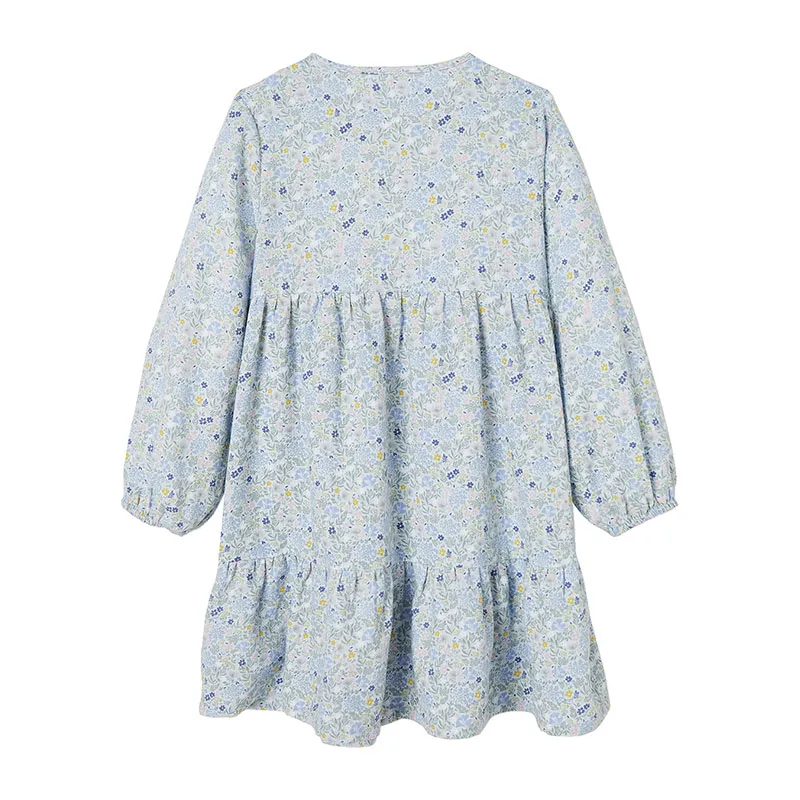 Robe volantée à fleurs fille détail matelassé fantaisie - Bleu Ciel-1