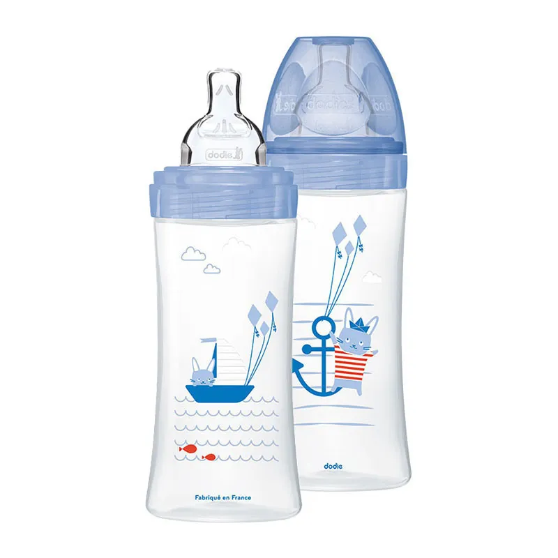 Bib anti-coliq. Tétine plate 330ml déb.3 Bleu Mer- 6m+-0