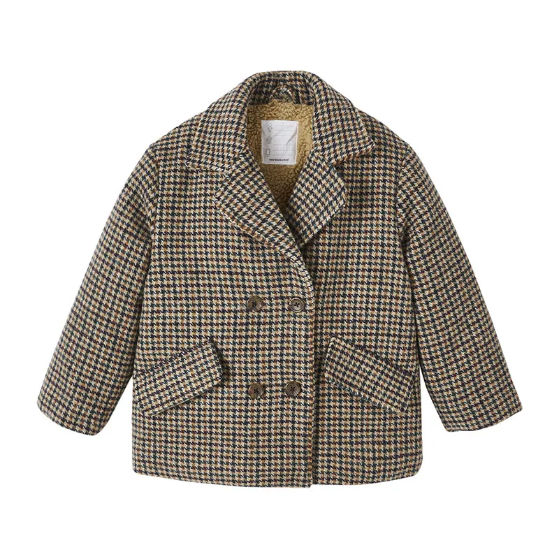Manteau en lainage carreaux fille doublé sherpa - Carreaux Beige-0