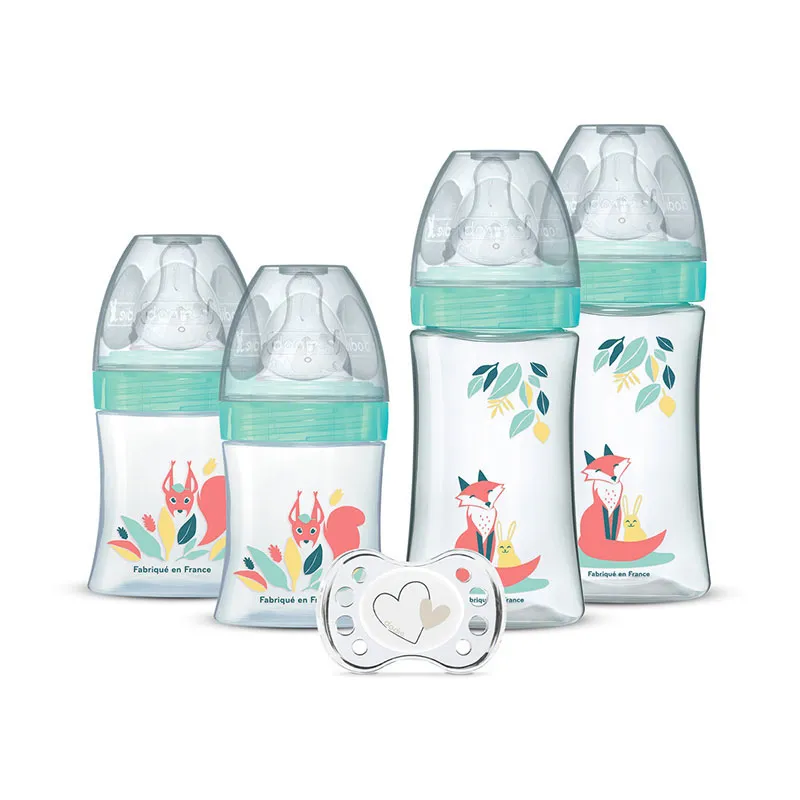 Coffret 4 Bibs anti-coliq. Tétine ronde + Sucette naissance 150+270ml Renard- 0m+-0