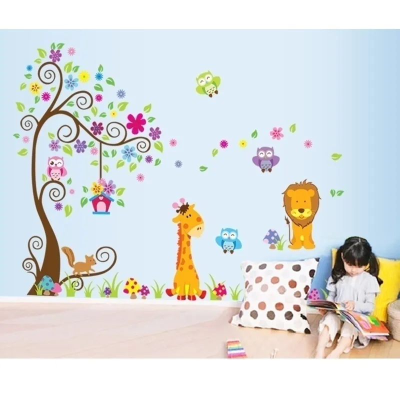 Stickers Géants - Arbre Fleurs girafe et lion-1