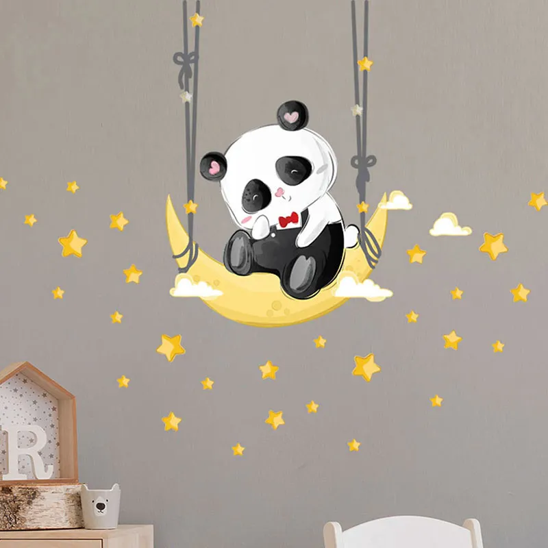 Stickers - Panda balançoire sur la lune + 130 étoiles-1