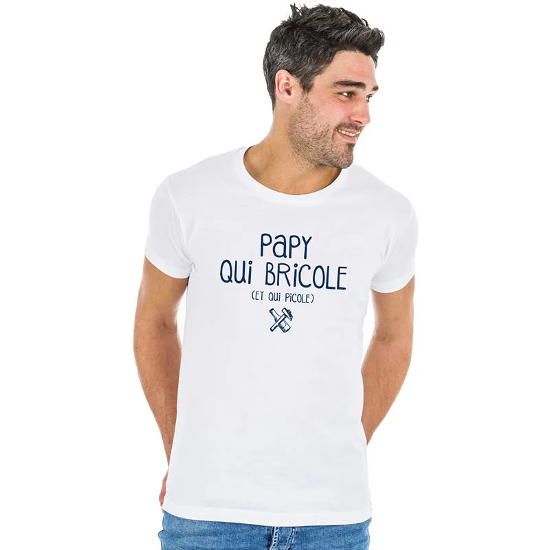 T-shirt Papy qui bricole et qui picole BIO - Blanc-0
