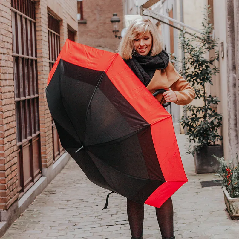Grand parapluie long résistant au vent D.128cm - Noir/Rouge-2