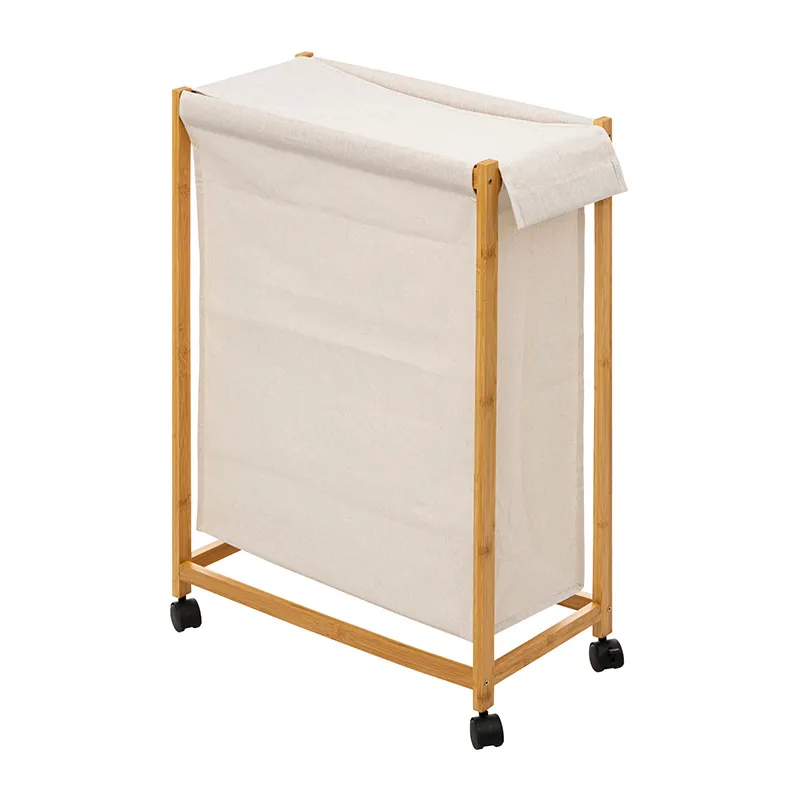 Panier à linge roulant Bambou/Tissu - 55x25x80cm-0
