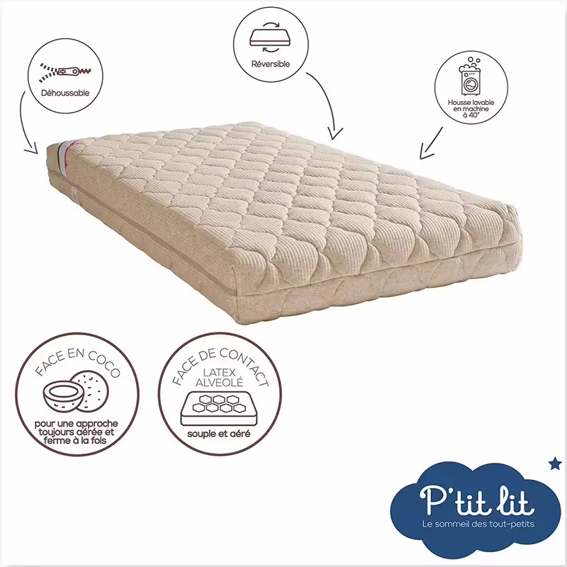Matelas Coco Nut révers. déhoussable Beige ép. 12cm + Valisette de transport Offerte-1