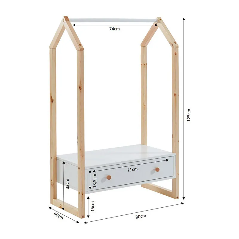 Portant Tiny + Tiroir Bois/Blanc - 80x40x125cm-5