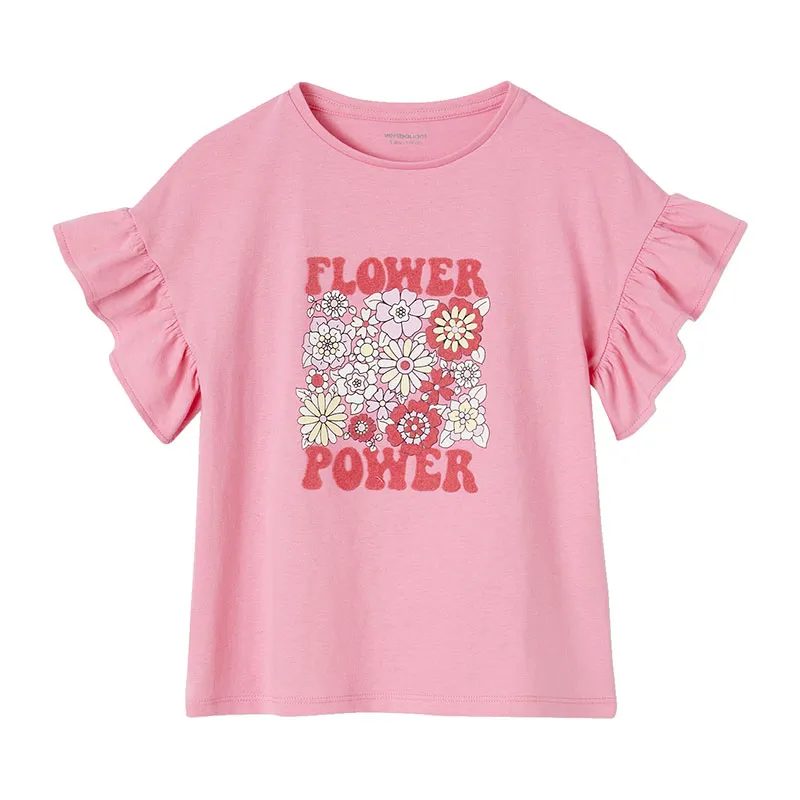 T-shirt Flower Power fille manches à volants - Rose Bonbon-0