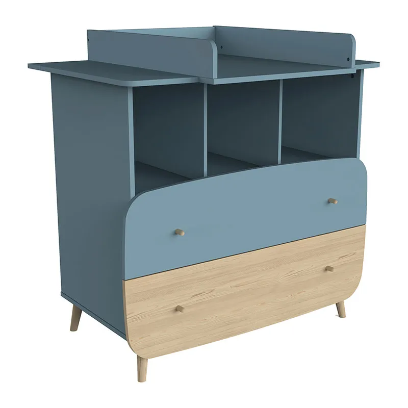Chambre Duo Lit Bébé évolutif + Commode 2 tiroirs + Plan à langer Bleu orage/Pin - 70x140cm-4