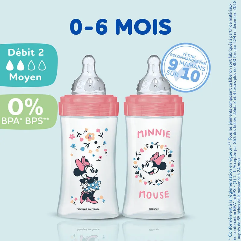 Coffret 3 Bibs anti-coliq. Tétines rondes 270ml déb.2 Minnie Rose - 0m+-1