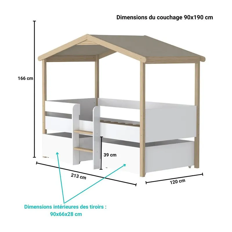 Lit cabane + Sommier + 2 tiroirs Pilotis Blanc/Naturel-1