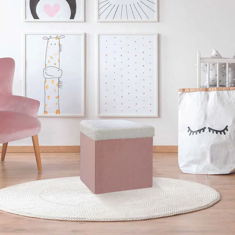 Coffre pouf pliable effet fourrure Léo Rose - 38x38x38cm-1