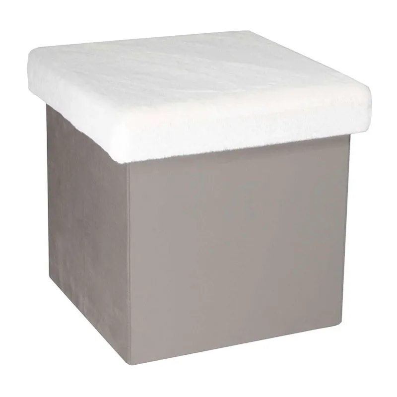 Coffre pouf pliable effet fourrure Léo Gris - 38x38x38cm-0