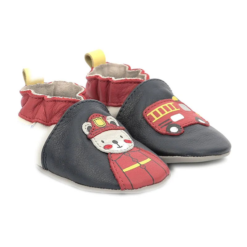Chaussons cuir Soft Soles Pompier Nounours - Noir-0