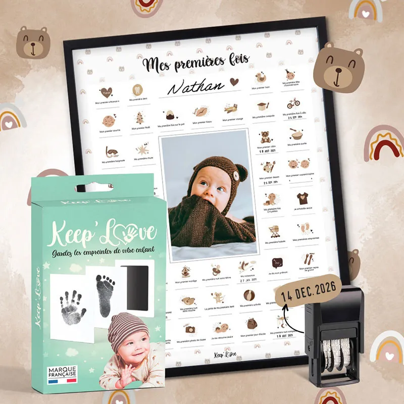 Affiche Mes Premières Fois + Tampon + Kit d'empreintes + Cadre Noir - Ourson-0