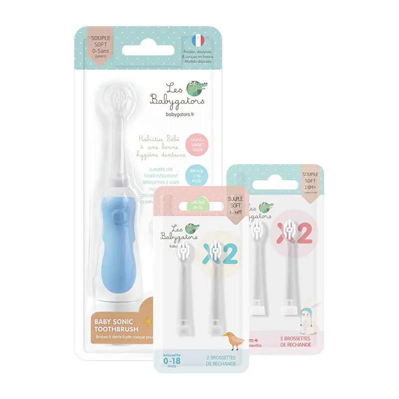 Kit Complet Bébé Brosse à dents Vibrante à pile + 4 brossettes Bleu - 0m+ - BABYGATOR-0