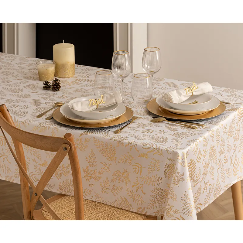 Nappe anti-tâches Blanche Feuillage Doré - 140x360cm-2