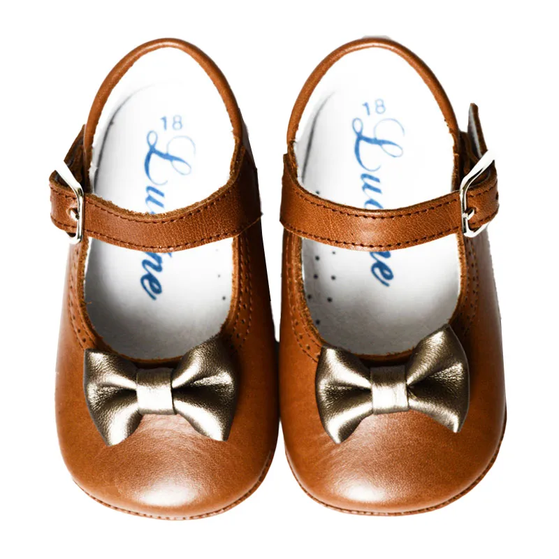 Chaussons bébé SOUPLES antidérapants à boucle Mini-Alice noeud - Cuir Camel-0