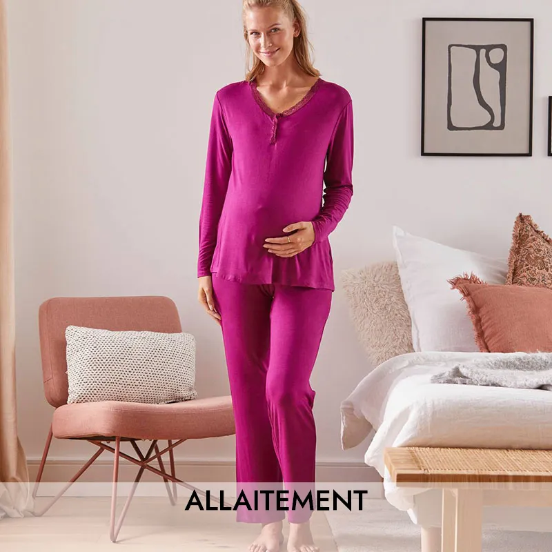 Pyjama de grossesse/allait Viscose Dentelle - Fuchsia-0
