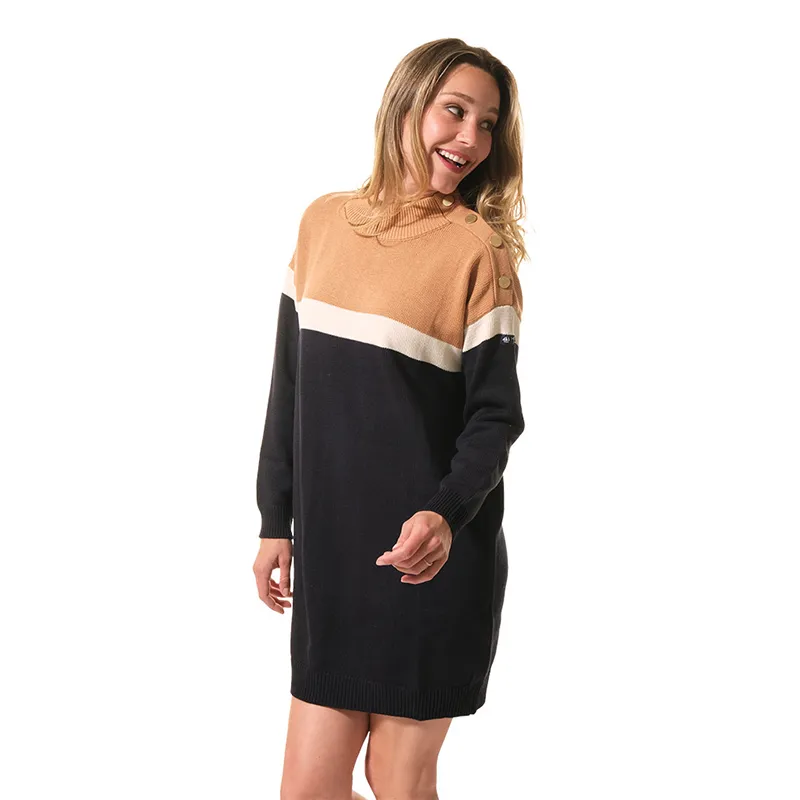 Robe Pull Charlyse Col cheminée - Ambre/Ecru/Marine-1