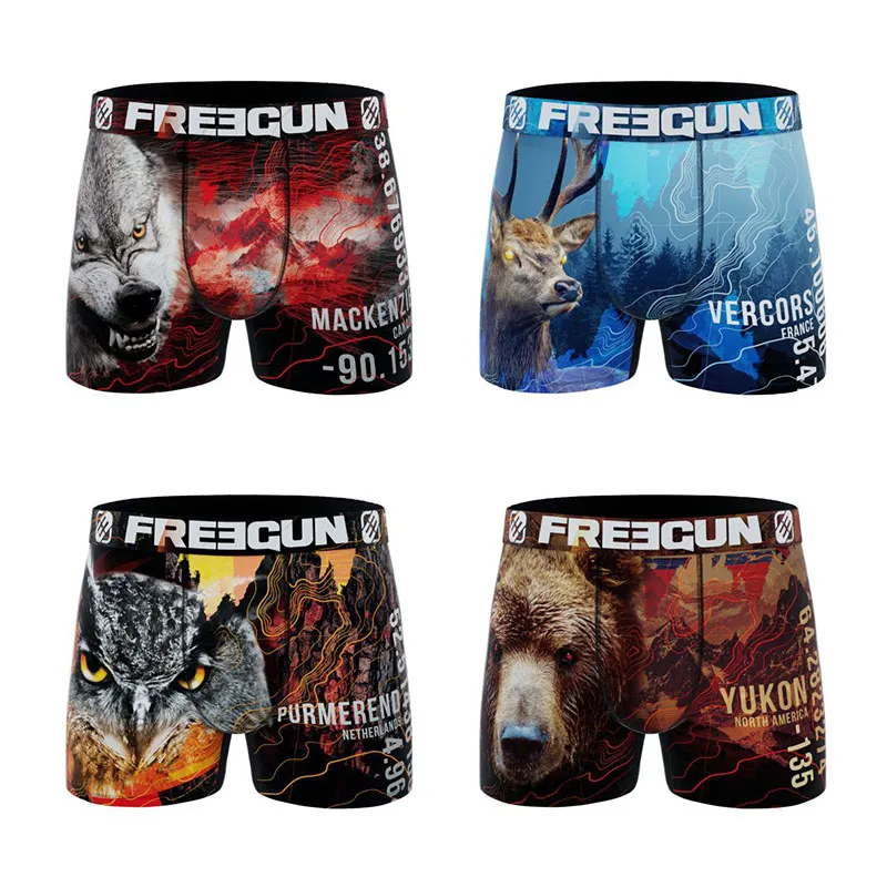 4 Boxers polyester recyclé Homme Animal Sauvage - Rouge/Noir/Bleu-0